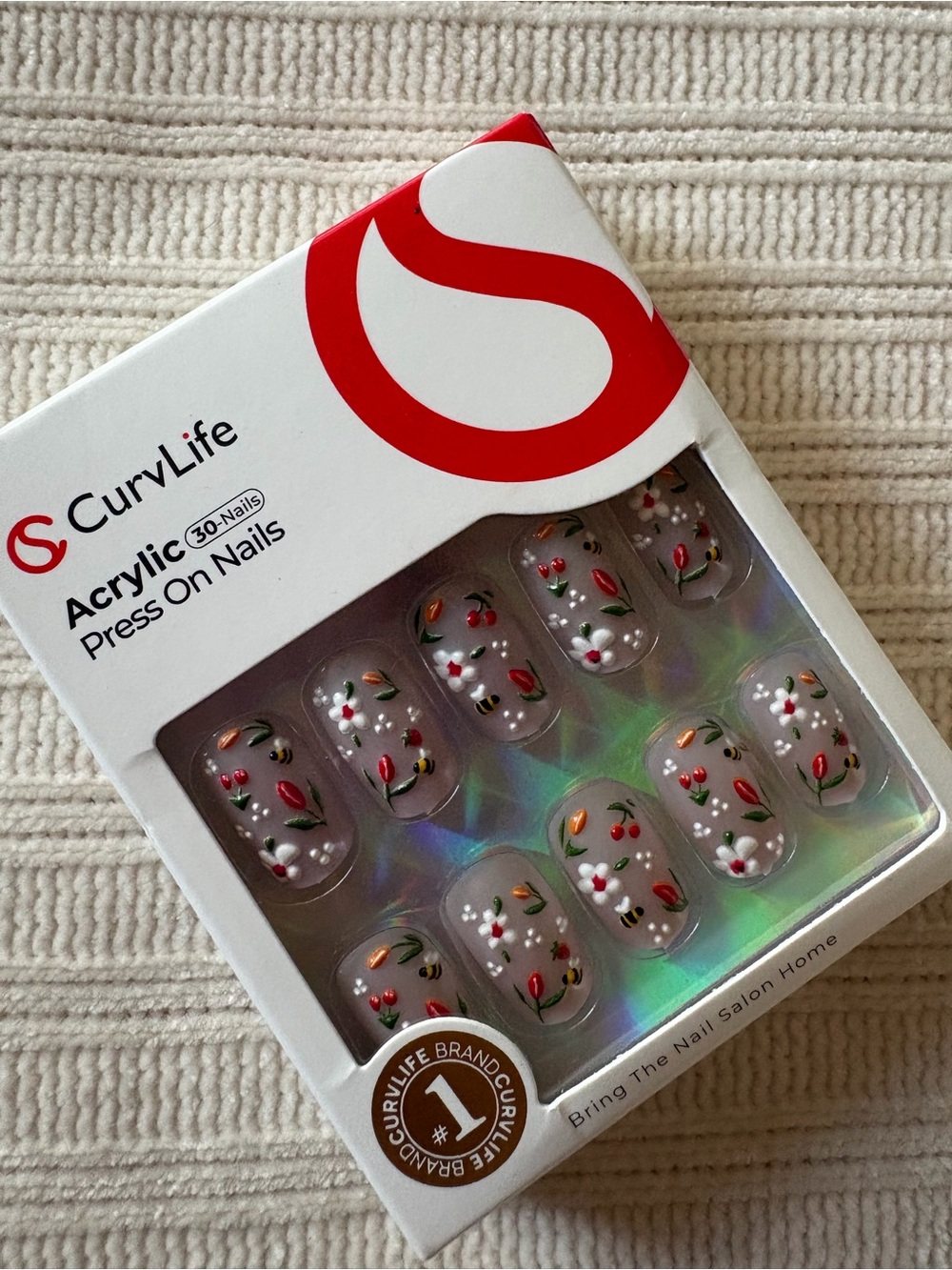 Curvlife Press-On Nails in Cream with Red Floral Accent